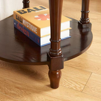 Traditional Chinese Round Solid Wood Solid Wood Multi-layer Board Side Table With 2-Tier Design And Single Drawer For Living Room & Bedroom