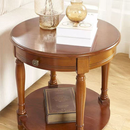 Traditional Chinese Round Solid Wood Solid Wood Multi-layer Board Side Table With 2-Tier Design And Single Drawer For Living Room & Bedroom