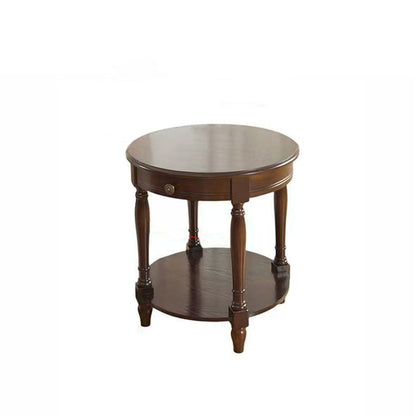 Traditional Chinese Round Solid Wood Solid Wood Multi-layer Board Side Table With 2-Tier Design And Single Drawer For Living Room & Bedroom
