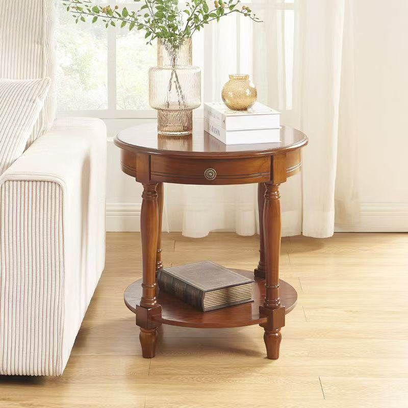 Traditional Chinese Round Solid Wood Solid Wood Multi-layer Board Side Table With 2-Tier Design And Single Drawer For Living Room & Bedroom