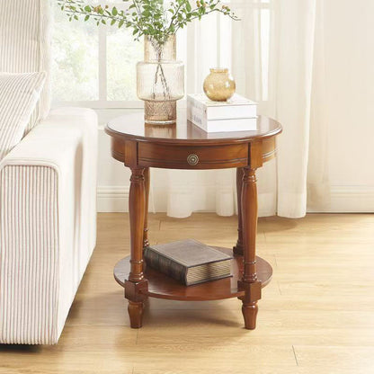 Traditional Chinese Round Solid Wood Solid Wood Multi-layer Board Side Table With 2-Tier Design And Single Drawer For Living Room & Bedroom