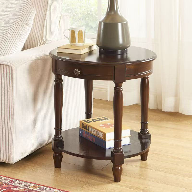 Traditional Chinese Round Solid Wood Solid Wood Multi-layer Board Side Table With 2-Tier Design And Single Drawer For Living Room & Bedroom
