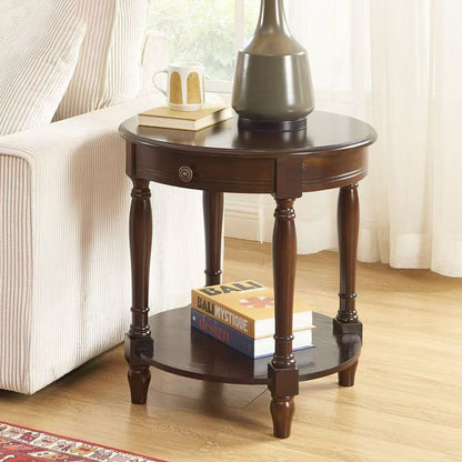 Traditional Chinese Round Solid Wood Solid Wood Multi-layer Board Side Table With 2-Tier Design And Single Drawer For Living Room & Bedroom