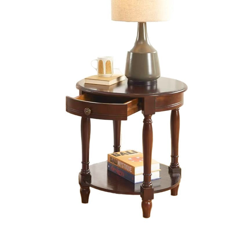 Traditional Chinese Round Solid Wood Solid Wood Multi-layer Board Side Table With 2-Tier Design And Single Drawer For Living Room & Bedroom