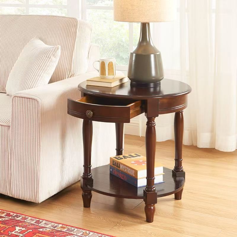 Traditional Chinese Round Solid Wood Solid Wood Multi-layer Board Side Table With 2-Tier Design And Single Drawer For Living Room & Bedroom
