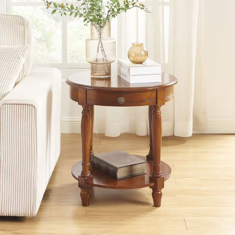 Traditional Chinese Round Solid Wood Solid Wood Multi-layer Board Side Table With 2-Tier Design And Single Drawer For Living Room & Bedroom