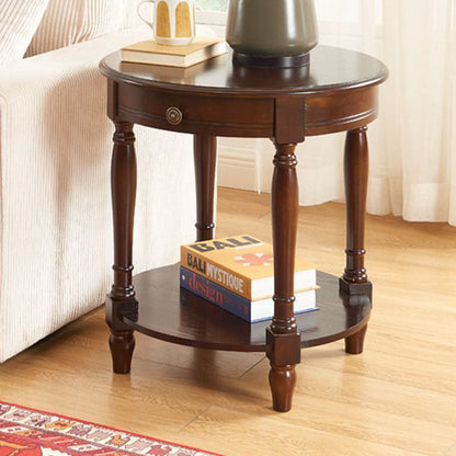 Traditional Chinese Round Solid Wood Solid Wood Multi-layer Board Side Table With 2-Tier Design And Single Drawer For Living Room & Bedroom