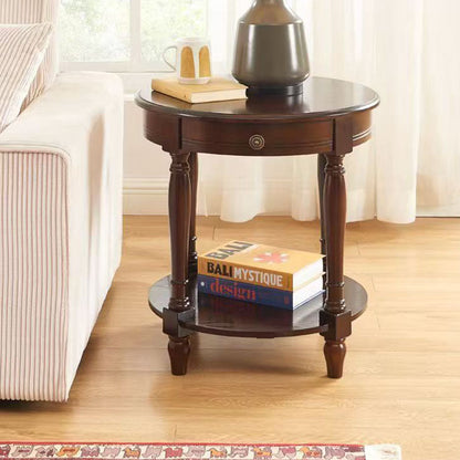 Traditional Chinese Round Solid Wood Solid Wood Multi-layer Board Side Table With 2-Tier Design And Single Drawer For Living Room & Bedroom