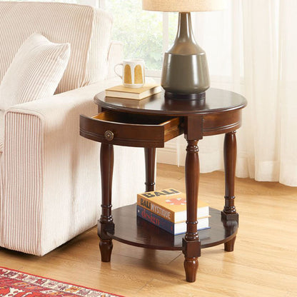Traditional Chinese Round Solid Wood Solid Wood Multi-layer Board Side Table With 2-Tier Design And Single Drawer For Living Room & Bedroom