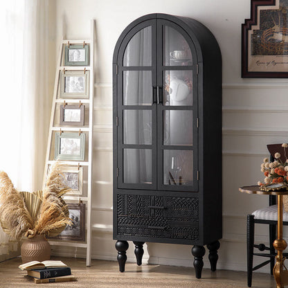 Contemporary Scandinavian Arched Pine Wood MDF Glass Storage Cabinet With 2-Drawer For Bedroom & Living Room