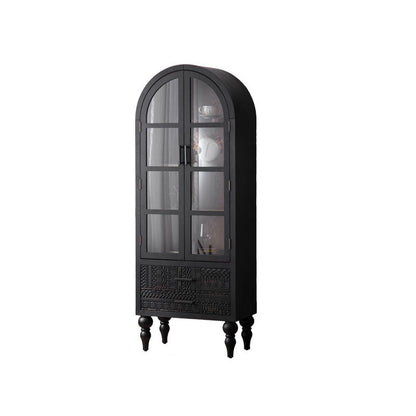 Contemporary Scandinavian Arched Pine Wood MDF Glass Storage Cabinet With 2-Drawer For Bedroom & Living Room