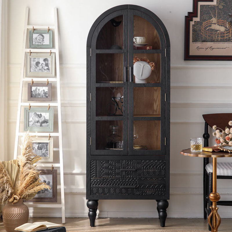 Contemporary Scandinavian Arched Pine Wood MDF Glass Storage Cabinet With 2-Drawer For Bedroom & Living Room
