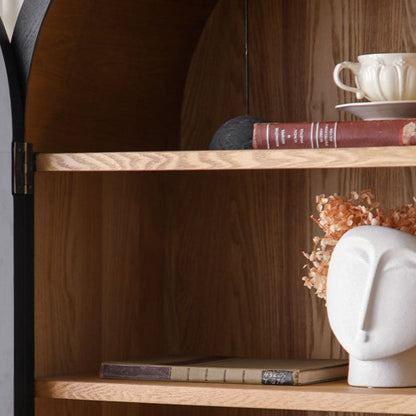 Contemporary Scandinavian Arched Pine Wood MDF Glass Storage Cabinet With 2-Drawer For Bedroom & Living Room