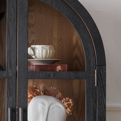 Contemporary Scandinavian Arched Pine Wood MDF Glass Storage Cabinet With 2-Drawer For Bedroom & Living Room