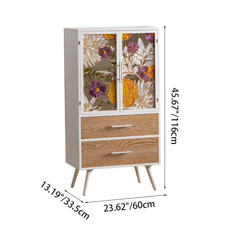 Traditional French Pine & MDF Rectangular Storage Cabinet With Enamel Glass Doors, 2 Drawers & 2 Compartments For Bedroom & Living Room