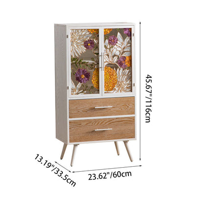 Traditional French Pine & MDF Rectangular Storage Cabinet With Enamel Glass Doors, 2 Drawers & 2 Compartments For Bedroom & Living Room