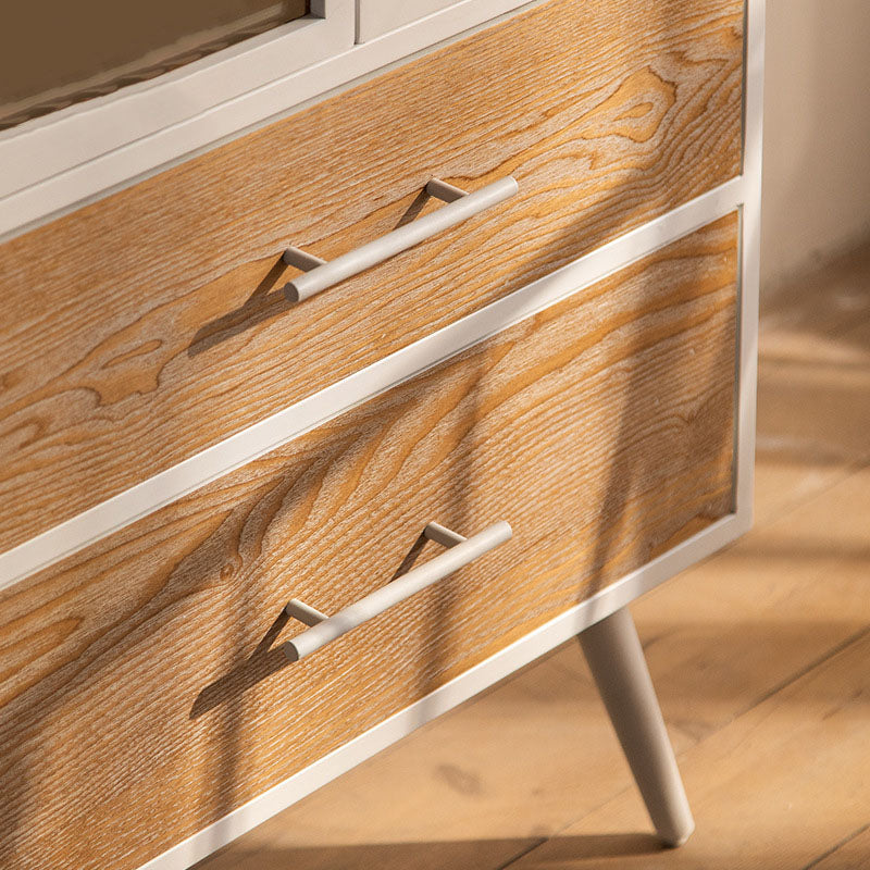 Traditional French Pine & MDF Rectangular Storage Cabinet With Enamel Glass Doors, 2 Drawers & 2 Compartments For Bedroom & Living Room