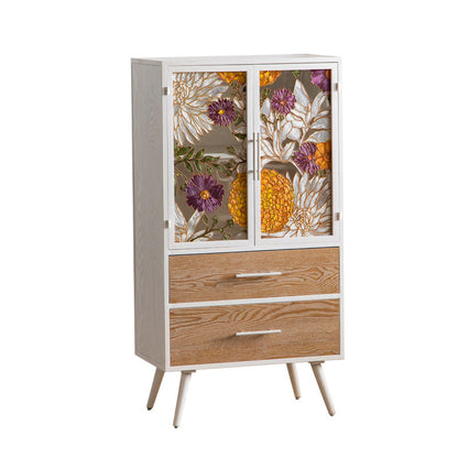 Traditional French Pine & MDF Rectangular Storage Cabinet With Enamel Glass Doors, 2 Drawers & 2 Compartments For Bedroom & Living Room