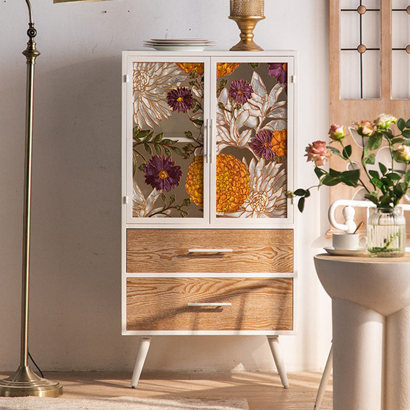 Traditional French Pine & MDF Rectangular Storage Cabinet With Enamel Glass Doors, 2 Drawers & 2 Compartments For Bedroom & Living Room