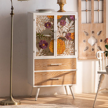 Traditional French Pine & MDF Rectangular Storage Cabinet With Enamel Glass Doors, 2 Drawers & 2 Compartments For Bedroom & Living Room