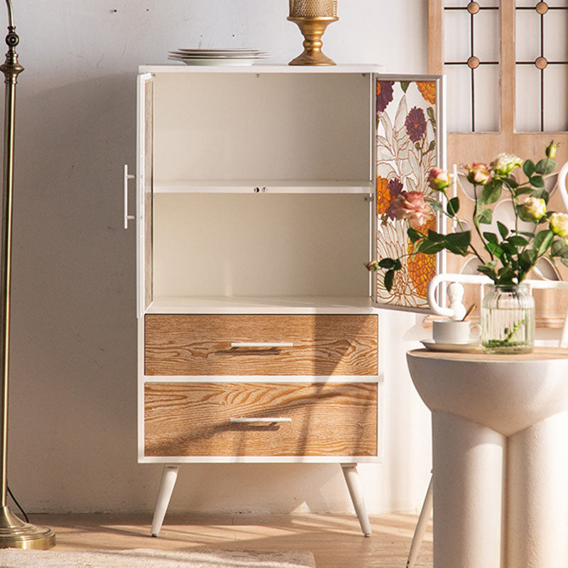 Traditional French Pine & MDF Rectangular Storage Cabinet With Enamel Glass Doors, 2 Drawers & 2 Compartments For Bedroom & Living Room