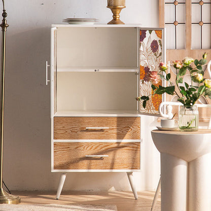 Traditional French Pine & MDF Rectangular Storage Cabinet With Enamel Glass Doors, 2 Drawers & 2 Compartments For Bedroom & Living Room