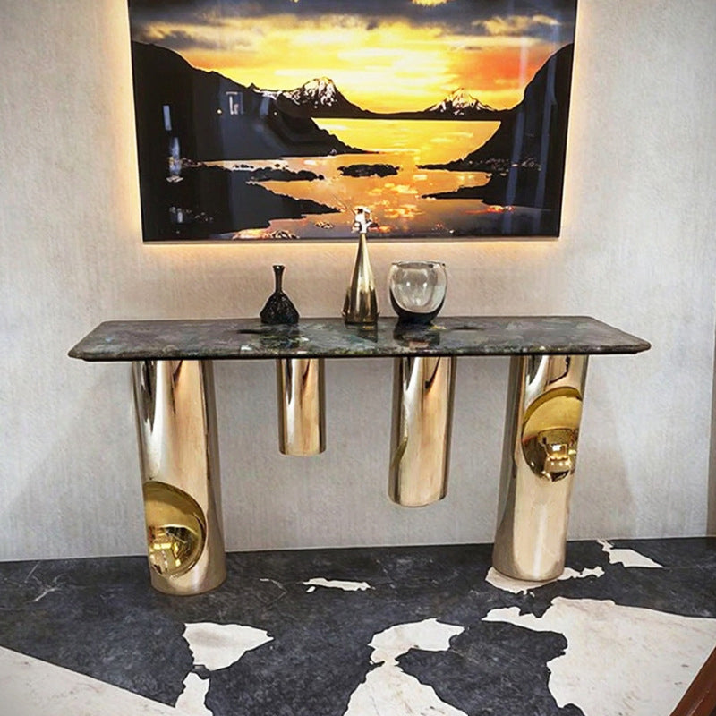 Contemporary Nordic Stainless Steel & Marble Rectangular Console Table With Single Shelf For Entryway, Living Room & Bedroom