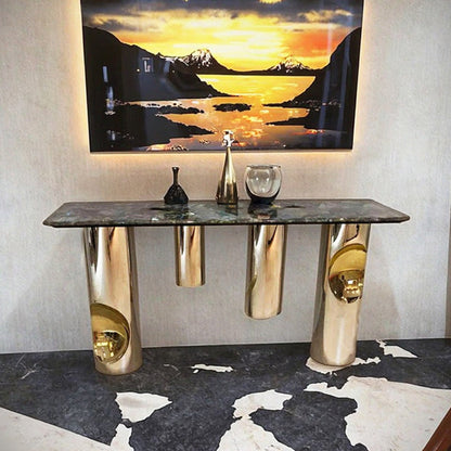 Contemporary Nordic Stainless Steel & Marble Rectangular Console Table With Single Shelf For Entryway, Living Room & Bedroom