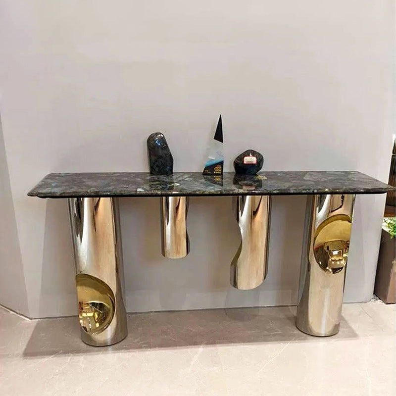 Contemporary Nordic Stainless Steel & Marble Rectangular Console Table With Single Shelf For Entryway, Living Room & Bedroom