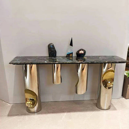 Contemporary Nordic Stainless Steel & Marble Rectangular Console Table With Single Shelf For Entryway, Living Room & Bedroom