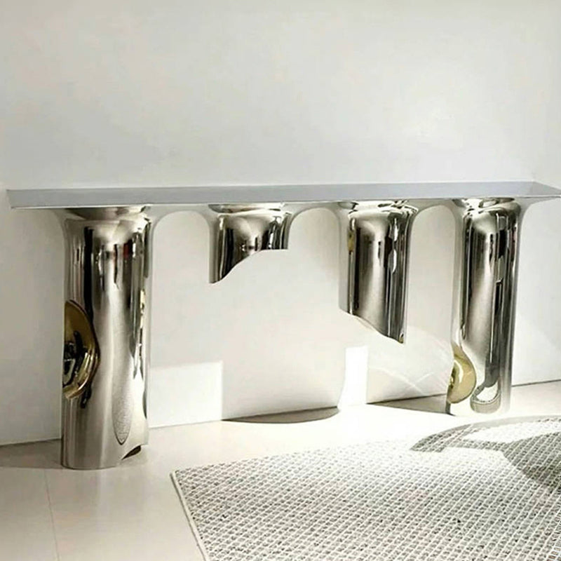 Contemporary Nordic Stainless Steel & Marble Rectangular Console Table With Single Shelf For Entryway, Living Room & Bedroom