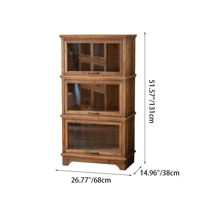 Traditional Rustic Rectangle Pine Wood Glass Storage Cabinet With 3 Cabinets For Living Room & Bedroom