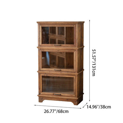 Traditional Rustic Rectangle Pine Wood Glass Storage Cabinet With 3 Cabinets For Living Room & Bedroom