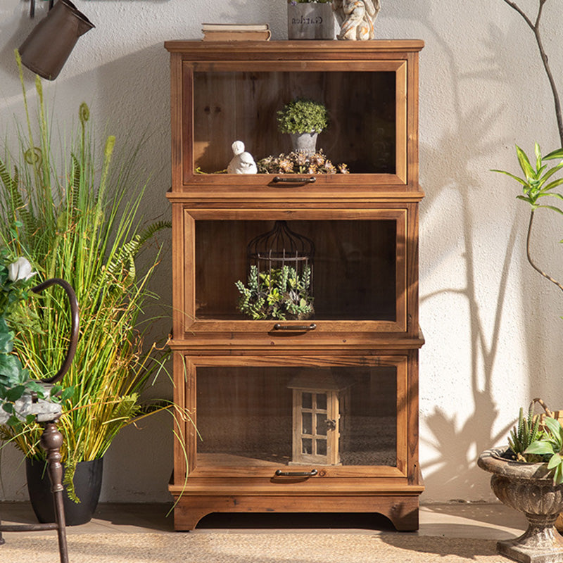 Traditional Rustic Rectangle Pine Wood Glass Storage Cabinet With 3 Cabinets For Living Room & Bedroom