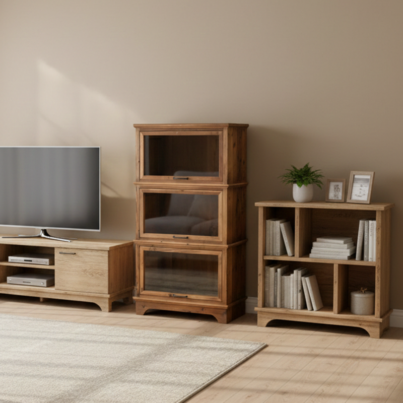 Traditional Rustic Rectangle Pine Wood Glass Storage Cabinet With 3 Cabinets For Living Room & Bedroom