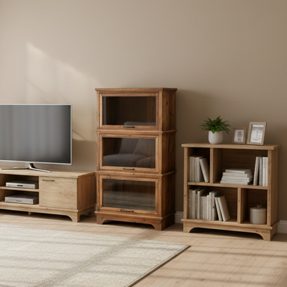 Traditional Rustic Rectangle Pine Wood Glass Storage Cabinet With 3 Cabinets For Living Room & Bedroom