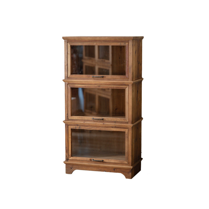 Traditional Rustic Rectangle Pine Wood Glass Storage Cabinet With 3 Cabinets For Living Room & Bedroom