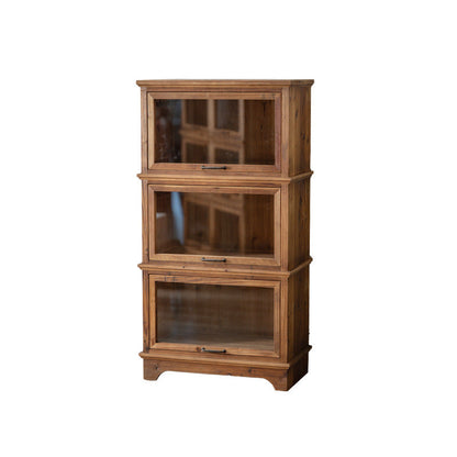 Traditional Rustic Rectangle Pine Wood Glass Storage Cabinet With 3 Cabinets For Living Room & Bedroom
