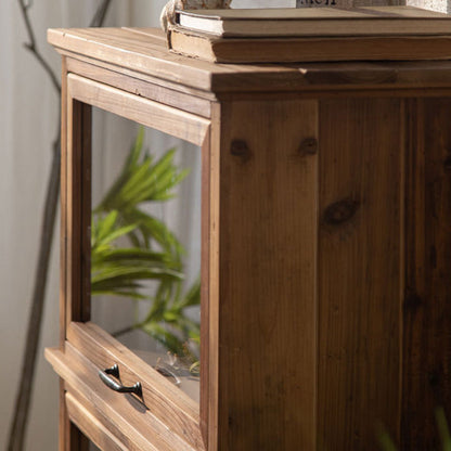 Traditional Rustic Rectangle Pine Wood Glass Storage Cabinet With 3 Cabinets For Living Room & Bedroom
