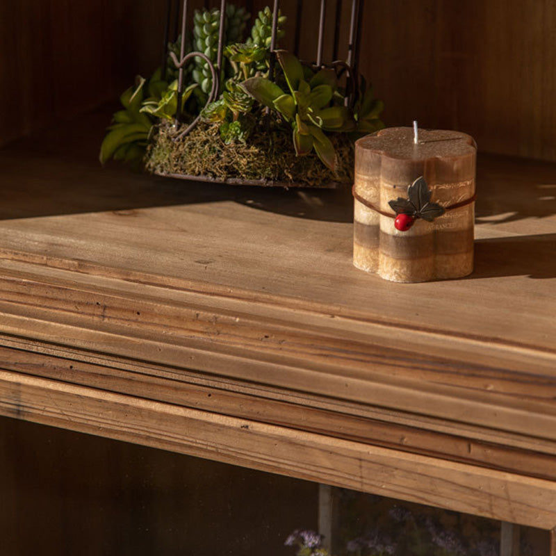 Traditional Rustic Rectangle Pine Wood Glass Storage Cabinet With 3 Cabinets For Living Room & Bedroom