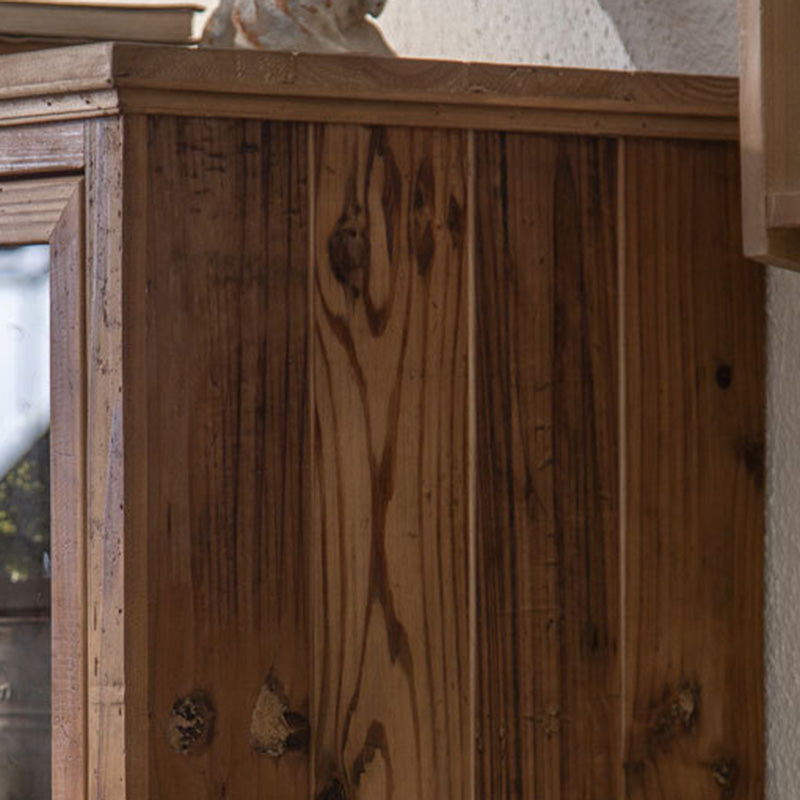 Traditional Rustic Rectangle Pine Wood Glass Storage Cabinet With 3 Cabinets For Living Room & Bedroom
