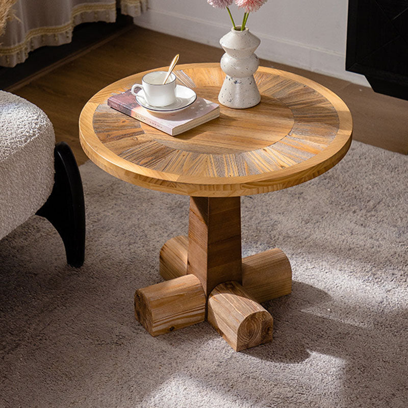 Traditional Vintage Pine & Fir Wood Round Coffee Table With 1 Layer For Living Room & Bedroom