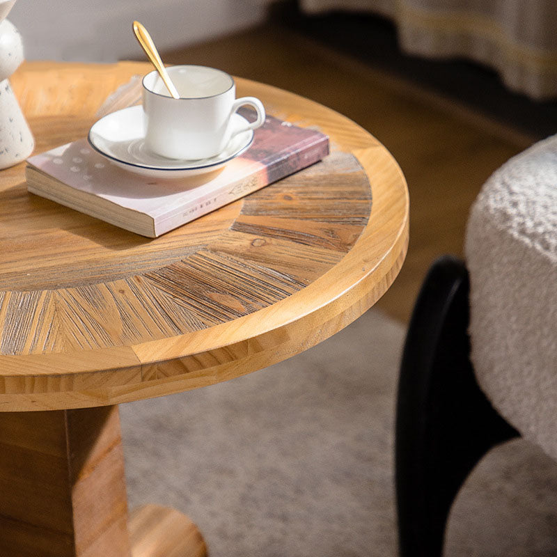 Traditional Vintage Pine & Fir Wood Round Coffee Table With 1 Layer For Living Room & Bedroom