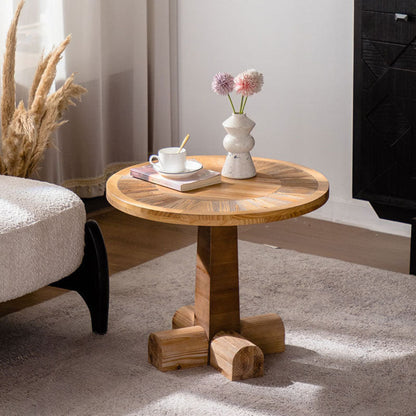 Traditional Vintage Pine & Fir Wood Round Coffee Table With 1 Layer For Living Room & Bedroom