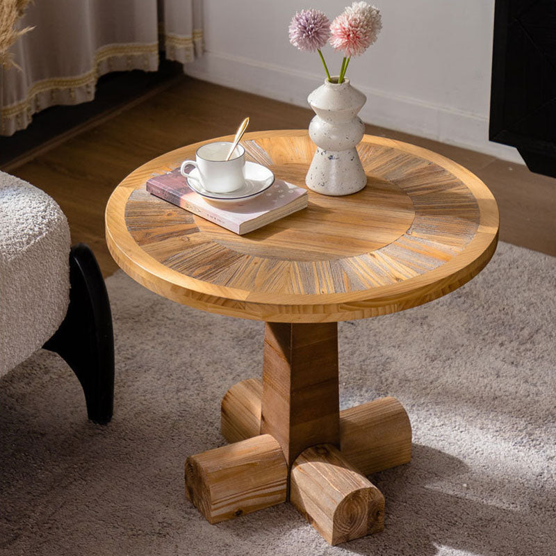 Traditional Vintage Pine & Fir Wood Round Coffee Table With 1 Layer For Living Room & Bedroom