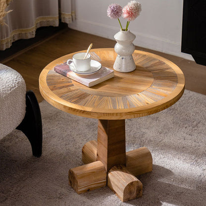 Traditional Vintage Pine & Fir Wood Round Coffee Table With 1 Layer For Living Room & Bedroom