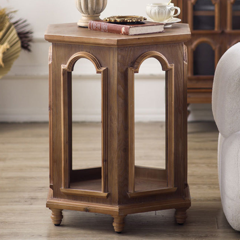 Traditional Chinese Pine Wood MDF Hexagonal Coffee Table With 2 Tiers For Living Room & Bedroom