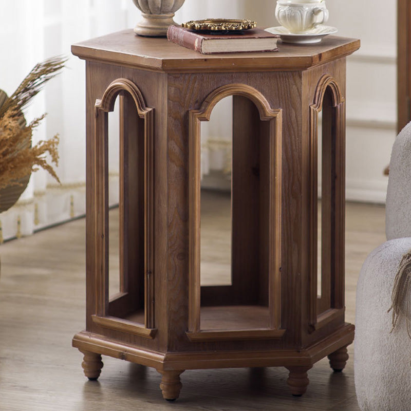 Traditional Chinese Pine Wood MDF Hexagonal Coffee Table With 2 Tiers For Living Room & Bedroom