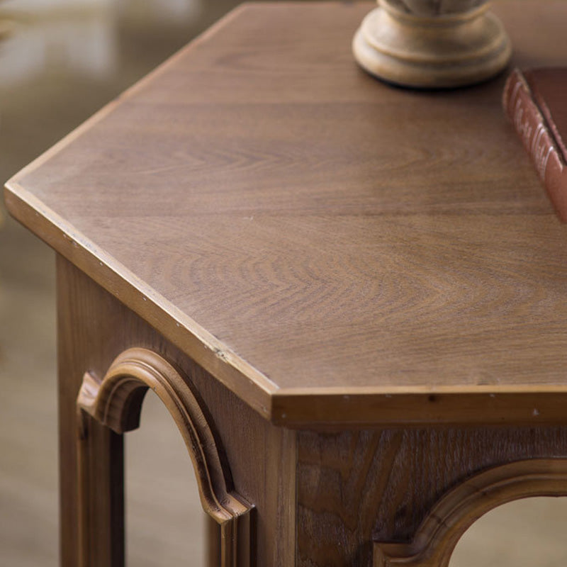 Traditional Chinese Pine Wood MDF Hexagonal Coffee Table With 2 Tiers For Living Room & Bedroom