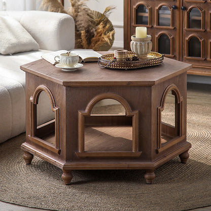 Traditional Chinese Pine Wood MDF Hexagonal Coffee Table With 2 Tiers For Living Room & Bedroom